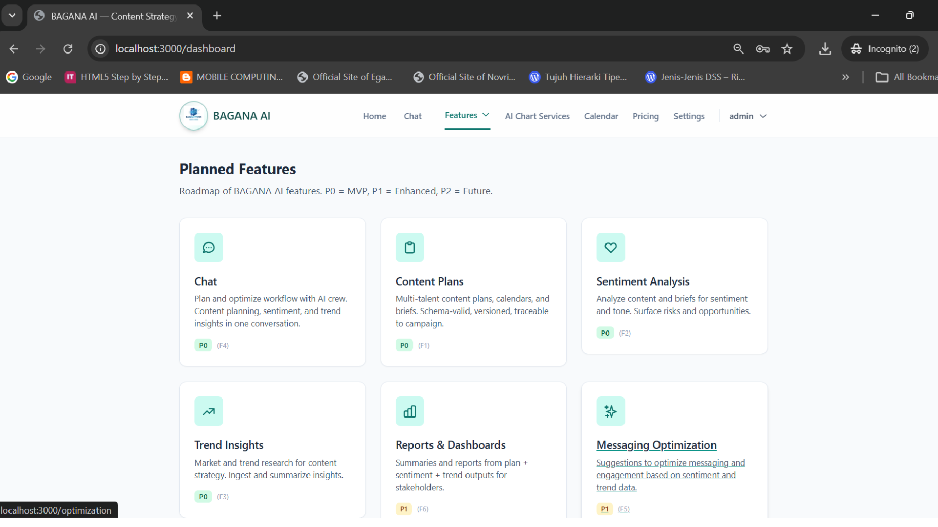 BAGANA AI Dashboard showing feature overview and navigation